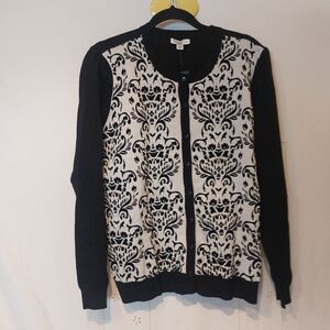Croft & Barrow Black and White Metallic Silver Damask Cardigan